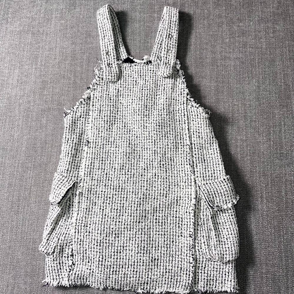 Zara Tweed Pinafore Dress Womens 8 Black White Square Neck Adjustable Strap